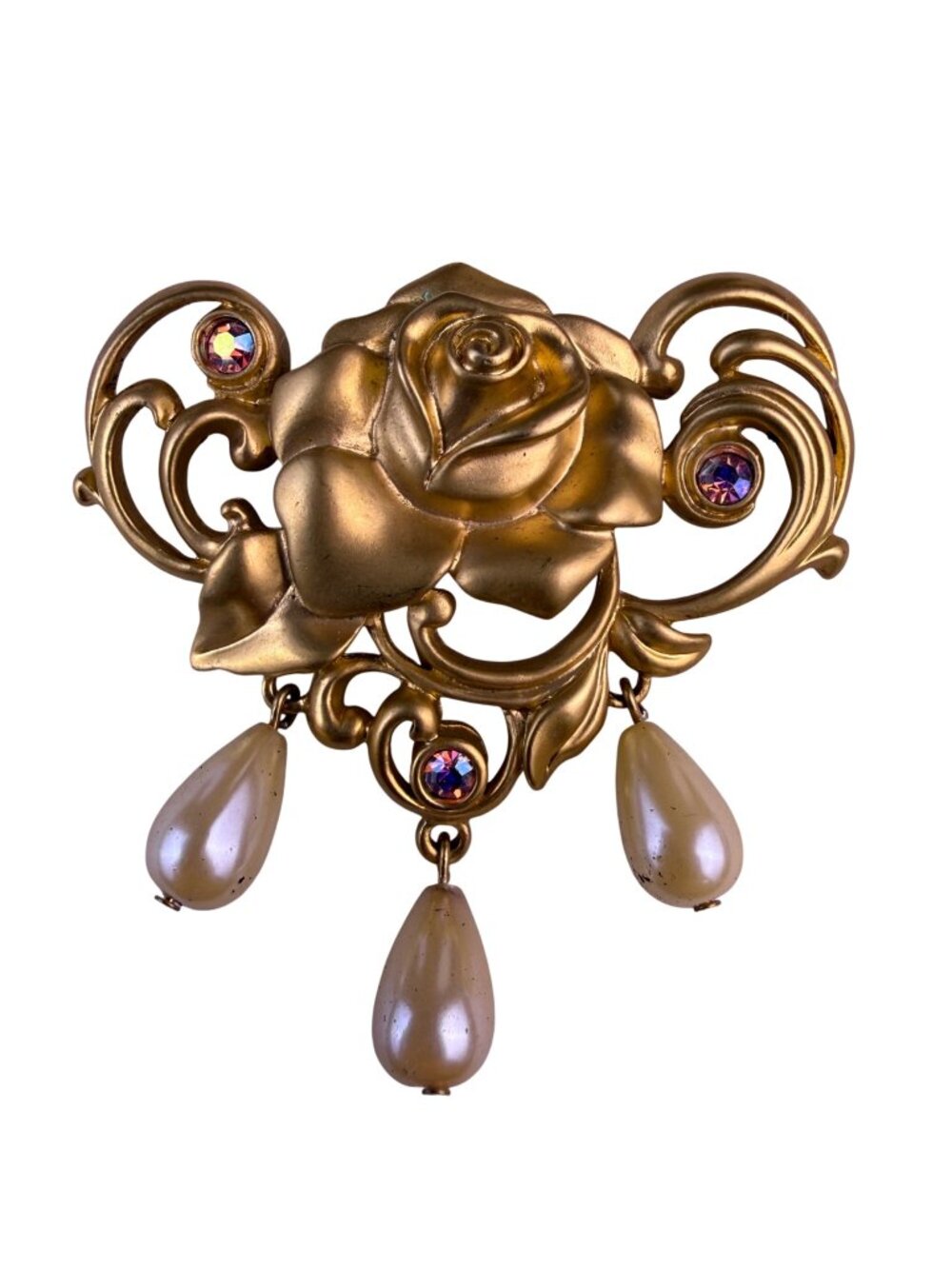 Avon Women Gold Tone Alloy Rose Brooch W/ Faux Pearls & Rhinestone Accents